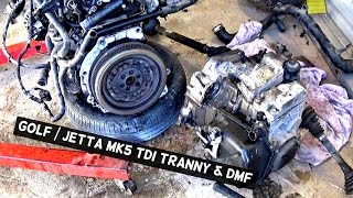 VW JETTA GOLF MK5 19 TDI TRANSMISSION AND DMF REMOVAL REPLACEMENT [upl. by Ahsyt]