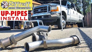 2001 F350 73  RiffRaff UpPipes Install  Stock up pipes leaking and falling apart JUNK SP [upl. by Amber79]