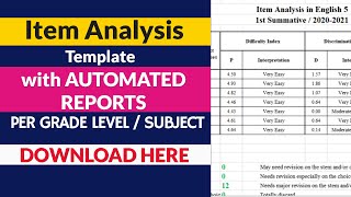 ITEM ANALYSIS TEMPLATE with AUTOMATED REPORT [upl. by Merth326]